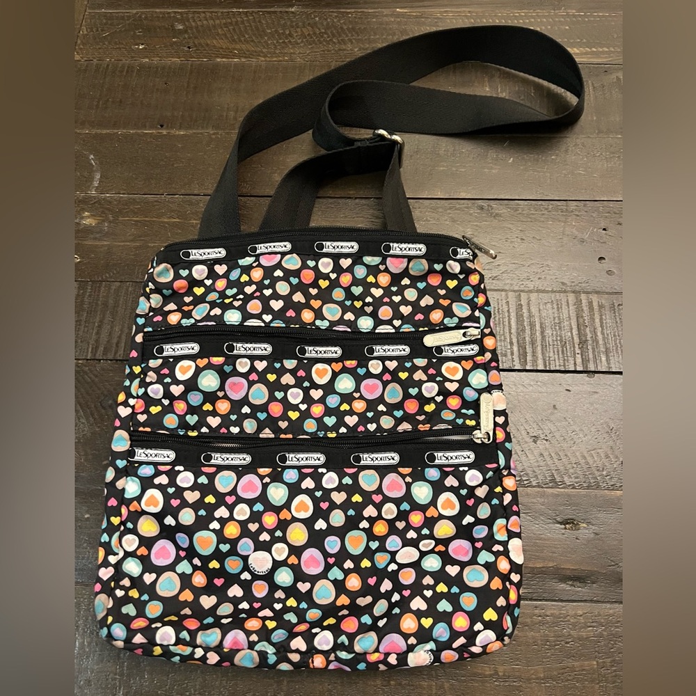 LeSportsac Multi Colorful Hearts Triple Zipper Crossbody Bag. OS